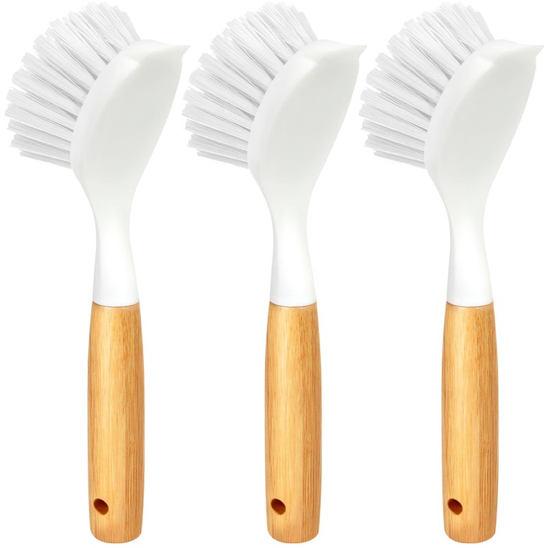 Holikme 3 Pack Dish Brush Set with Bamboo Handle, Kitchen Cleaner for Cleaning Pasta Plate, Salad Bowl, Scrubber with Soft Bristles, Blanco - Image 1